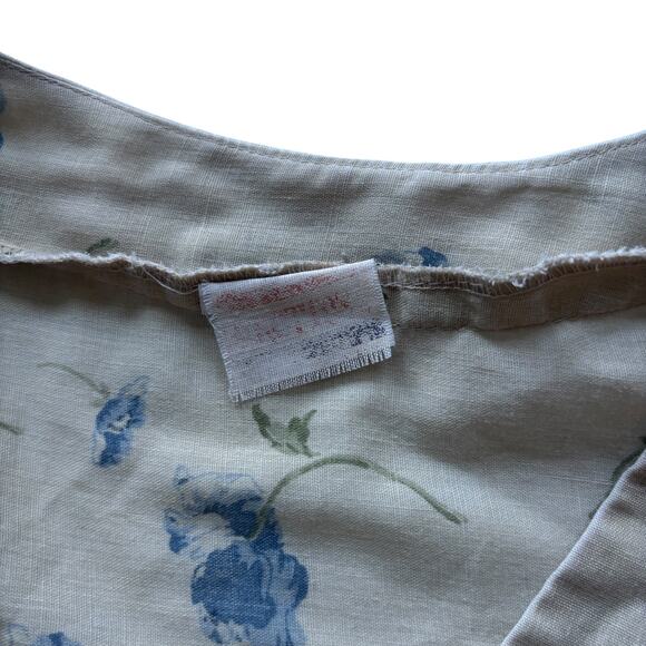 Unbranded 1980s Floral Henley Popover Blouse Blue Cream Roll-Tab Sleeve L - Picture 3 of 5